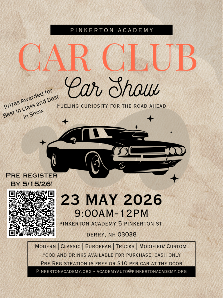 Flyer for Pinkerton Academy Car Club Car Show