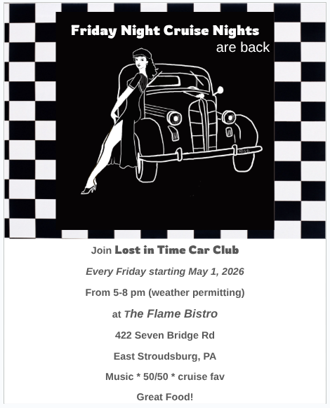 Flyer for Lost in Time Car Club Friday Night Cruise Night