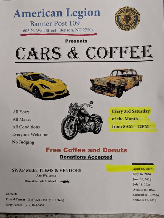 Flyer for American Legion Banner Post 109 Cars & Coffee