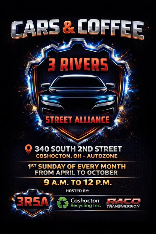 Flyer for Cars & Coffee 3 Rivers Street Alliance