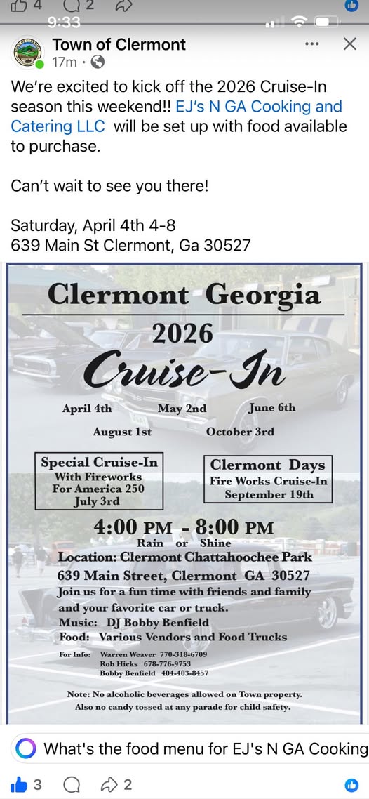 Flyer for Clermont Georgia 2026 Cruise-In
