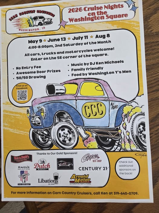 Flyer for Corn Country Cruisers 2026 Cruise Nights on the Washington Square