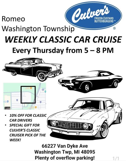 Flyer for Washington Township Culver’s Weekly Classic Car Cruise