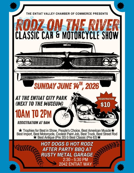 Flyer for Entiat Valley Chamber Of Commerce Presents Rodz On The River Classic Car & Motorcycle Show