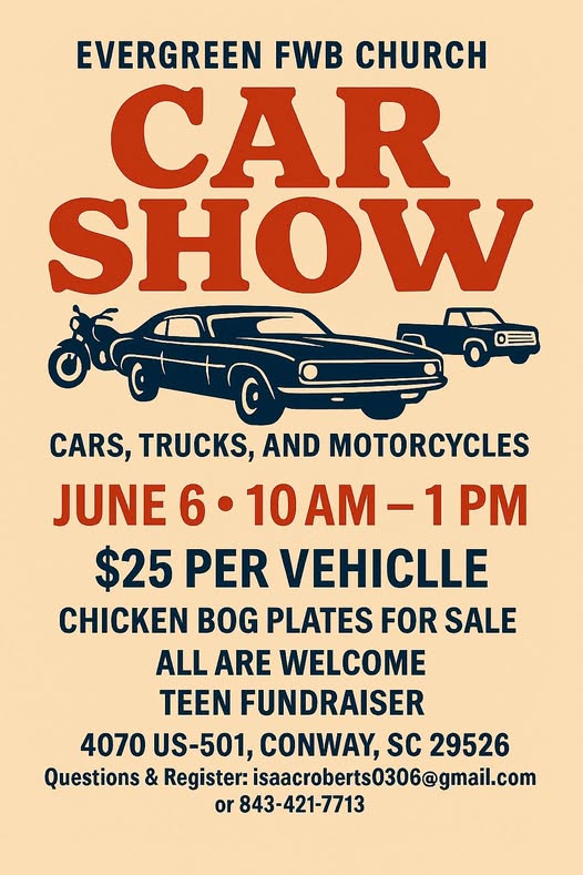 Flyer for Evergreen FWB Church Car Show