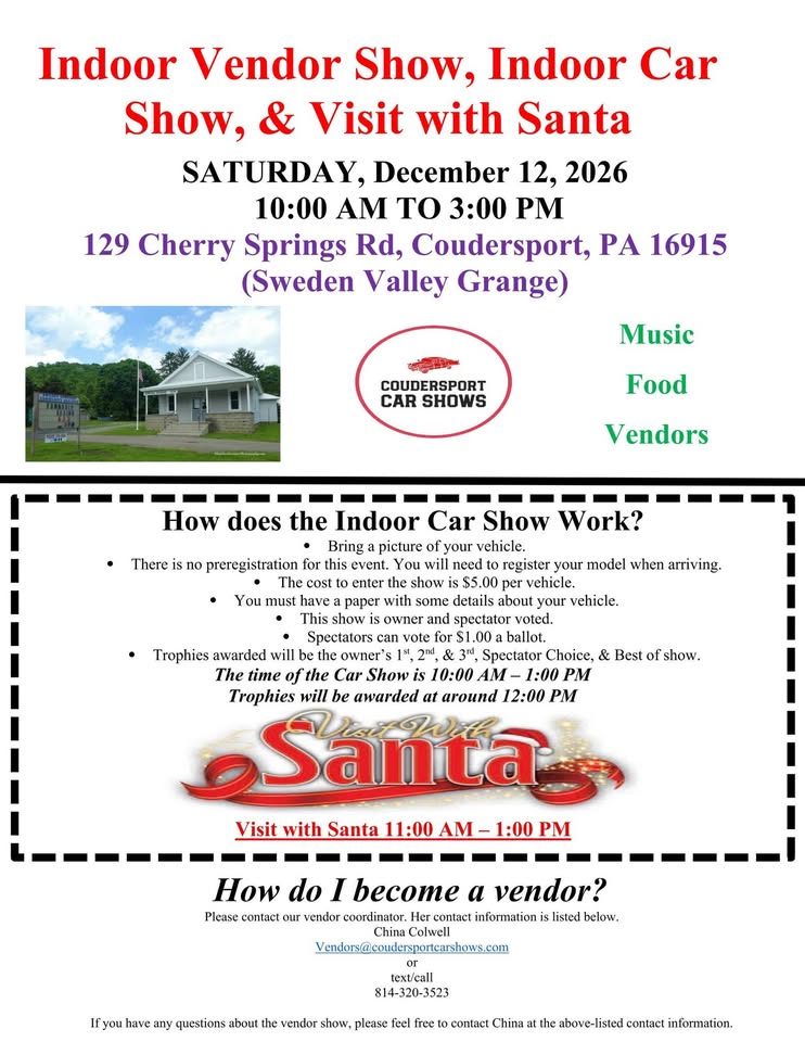 Flyer for Indoor Vendor Show, Indoor Car Show, & Visit with Santa