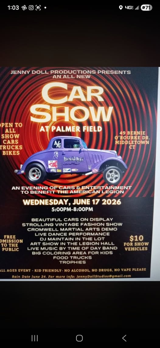 Flyer for Jenny Doll Productions Presents An All New Car Show At Palmer Field