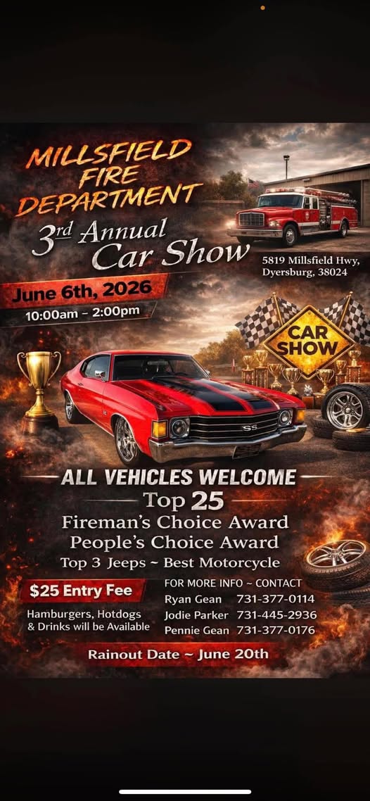 Flyer for Millsfield Fire Department 3rd Annual Car Show