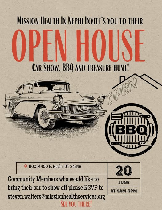 Flyer for Mission Health In Nephi Open House Car Show, BBQ and Treasure Hunt!