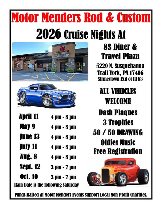 Flyer for Motor Menders Rod & Custom 2026 Cruise Nights at 83 Diner & Travel Plaza