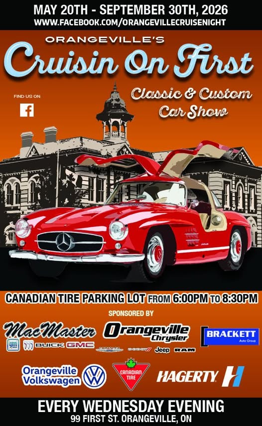 Flyer for Orangeville’s Cruisin On First Classic & Custom Car Show