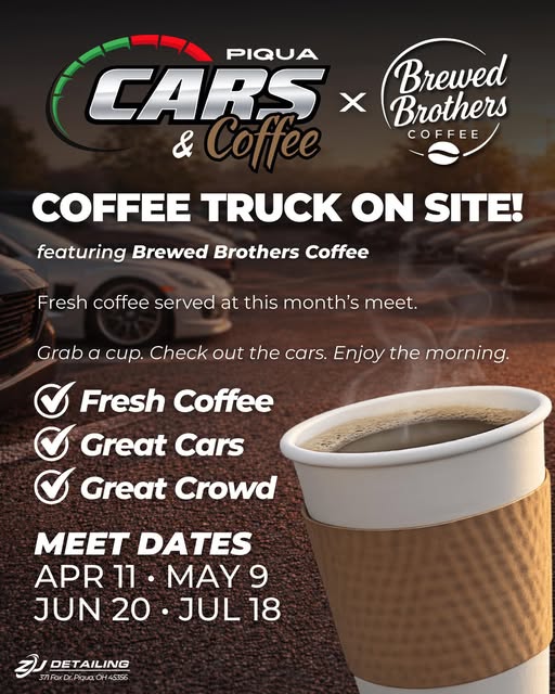 Flyer for Piqua Cars & Coffee x Brewed Brothers Coffee