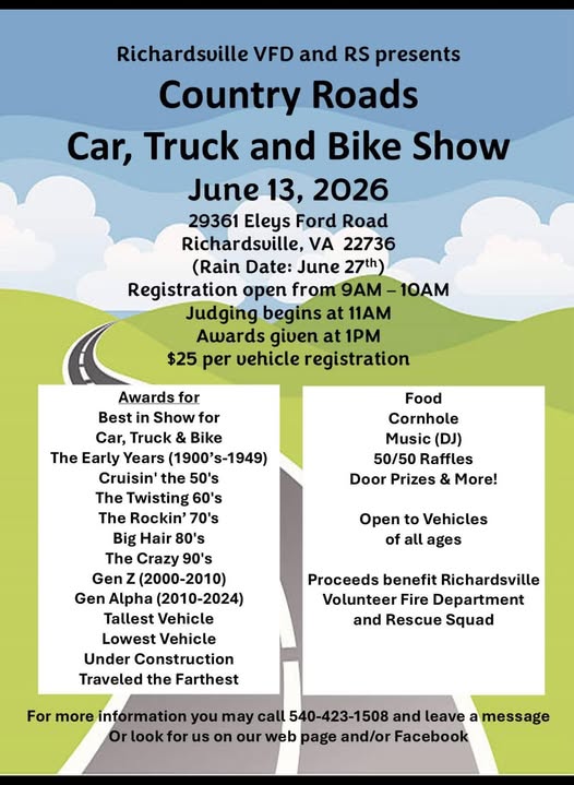 Flyer for Richardsville VFD and RS presents Country Roads Car, Truck and Bike Show
