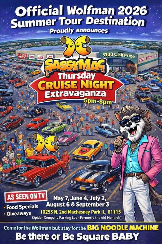 Flyer for Sassymac Thursday Cruise Night Extravaganza