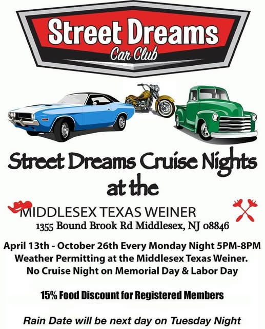 Flyer for Street Dreams Cruise Nights at the Middlesex Texas Weiner