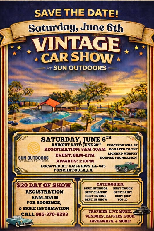 Flyer for Vintage Car Show at Sun Outdoors