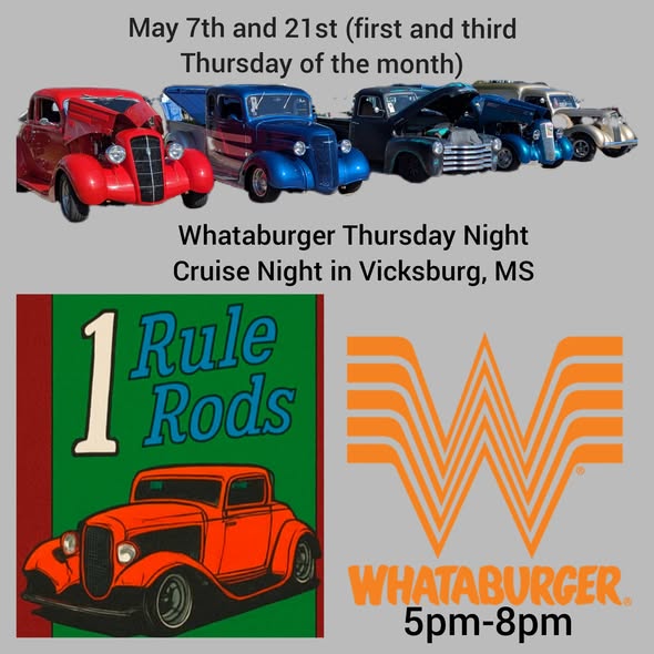 Flyer for Whataburger Thursday Night Cruise Night in Vicksburg, MS
