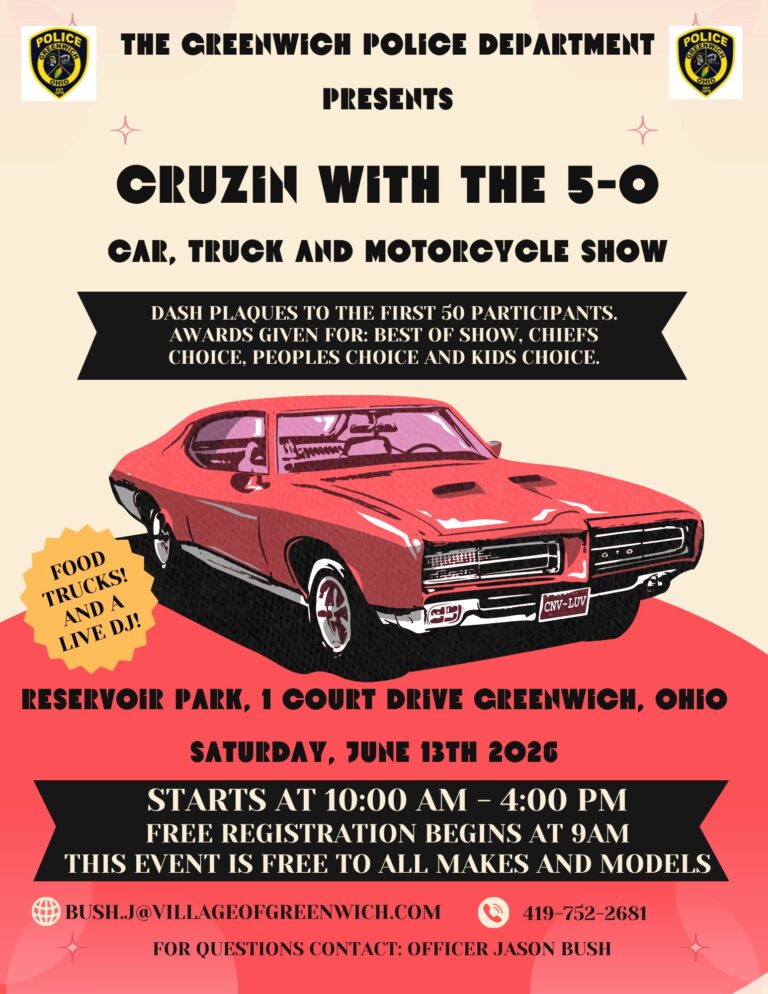 Flyer for The Greenwich Police Department Presents Cruzin With The 5-0 Car, Truck And Motorcycle Show
