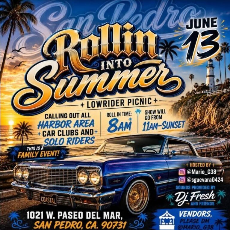 Flyer for San Pedro Rolling Into Summer Lowrider Picnic