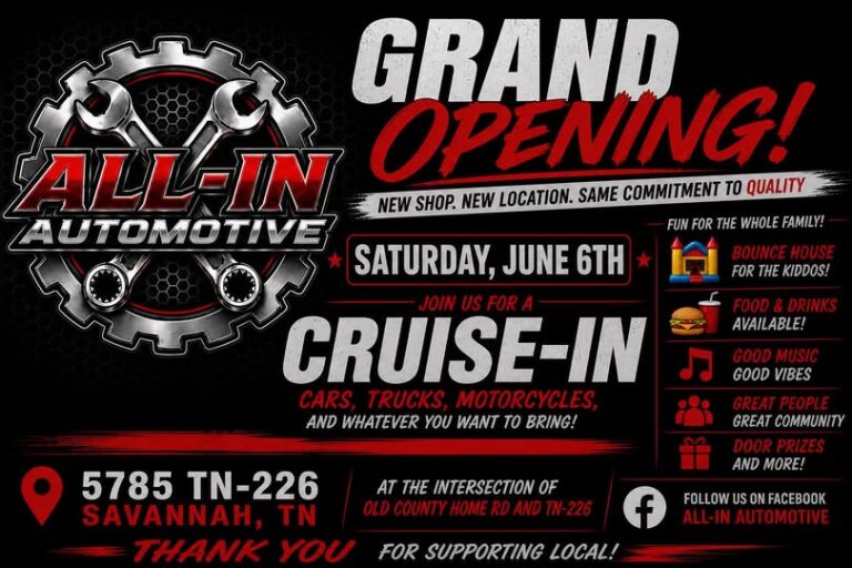 Flyer for All-In Automotive Grand Opening Cruise-In