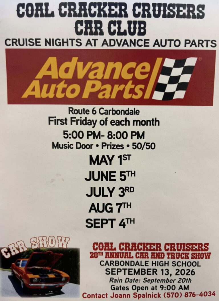 Flyer for Coal Cracker Cruisers Car Club Cruise Nights at Advance Auto Parts