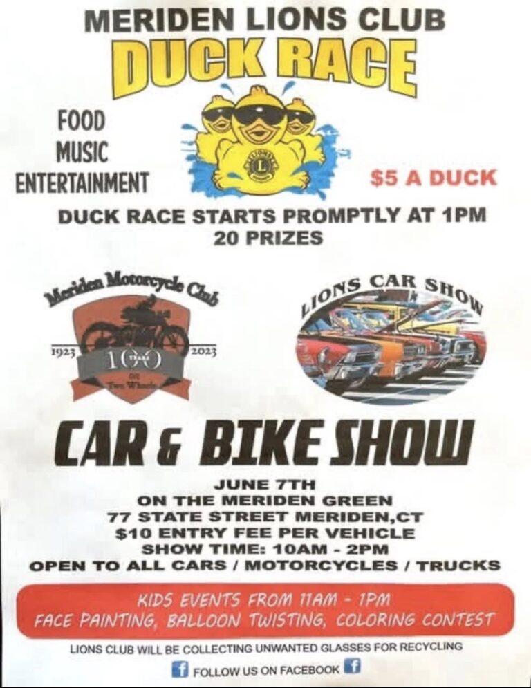 Flyer for Meriden Lions Club Duck Race Car & Bike Show