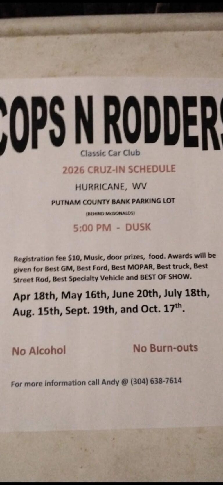 Flyer for Cops N Rodders Classic Car Club 2026 Cruz-In Schedule