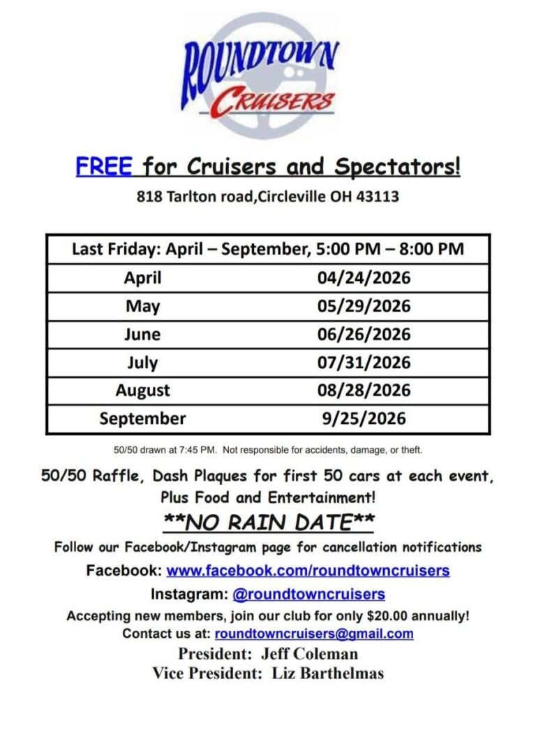 Flyer for Roundtown Cruisers Free For Cruisers And Spectators!