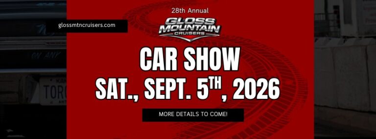 Flyer for 28th Annual Gloss Mountain Cruisers Car Show 2026 (Fairview, OK)