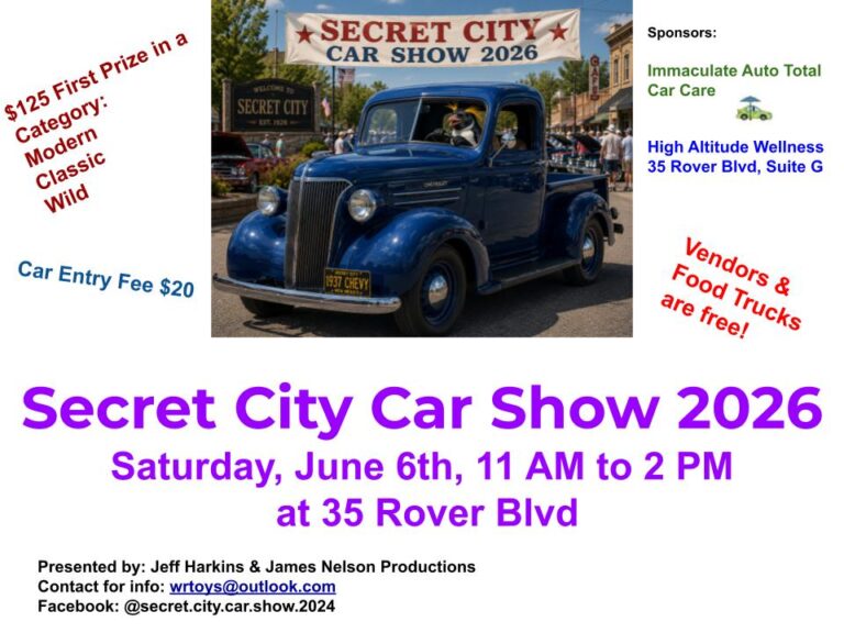Flyer for Secret City Car Show : now at 35 Rover Blvd.