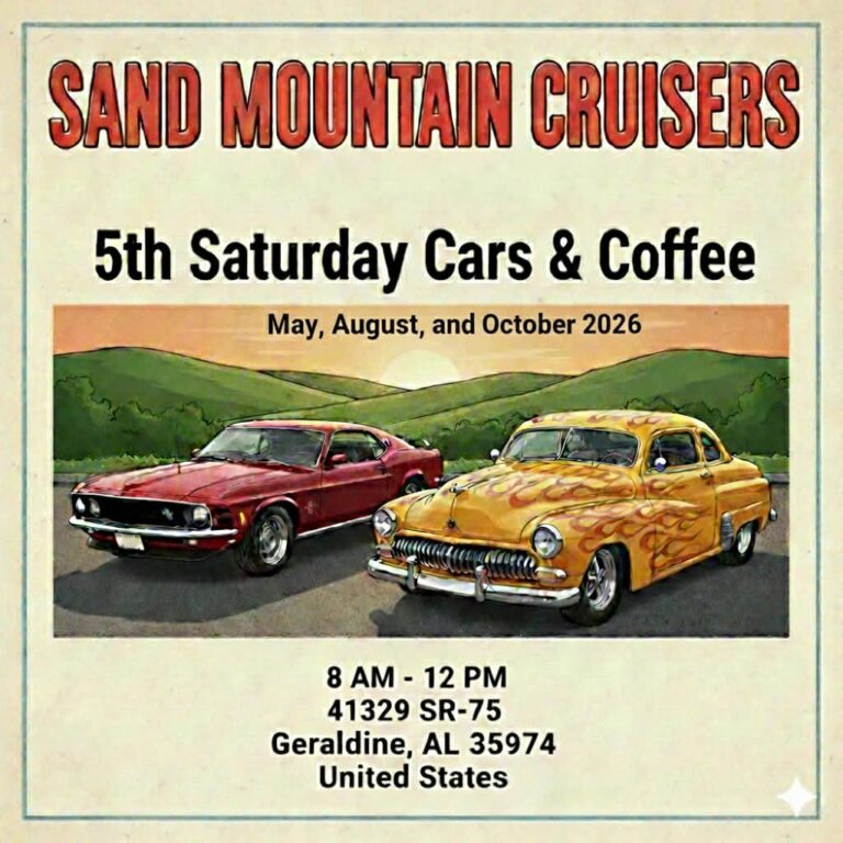 Flyer for Sand Mountain Cruisers 5th Saturday Cars & Coffee