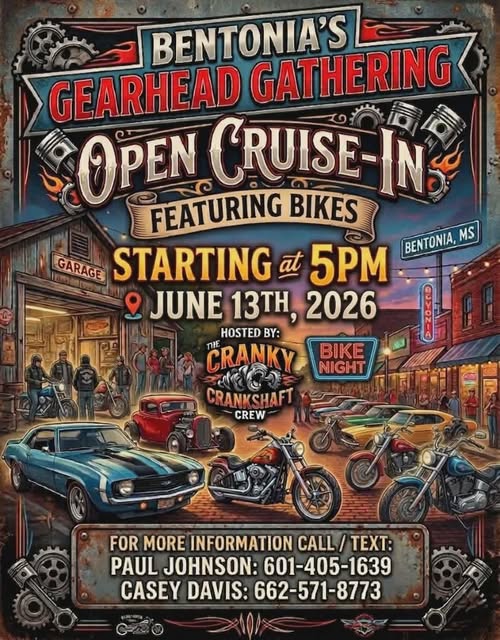 Flyer for Bentonia’s Gearhead Gathering Open Cruise In Featuring Bikes