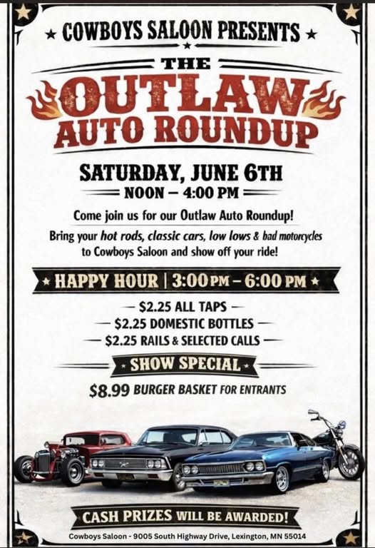 Flyer for Cowboys Saloon Presents The Outlaw Auto Roundup