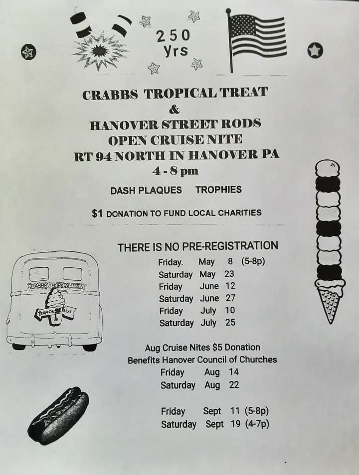 Flyer for Crabbs Tropical Treat & Hanover Street Rods Open Cruise Nite