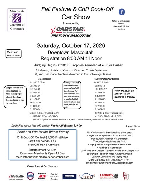 Flyer for Fall Festival & Chili Cook-Off Car Show Presented By CARSTAR PROTOUCH MASCOUTAH
