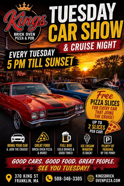 Promotional image for Kings Brick Oven Pizza & Pub Tuesday Car Show & Cruise Night