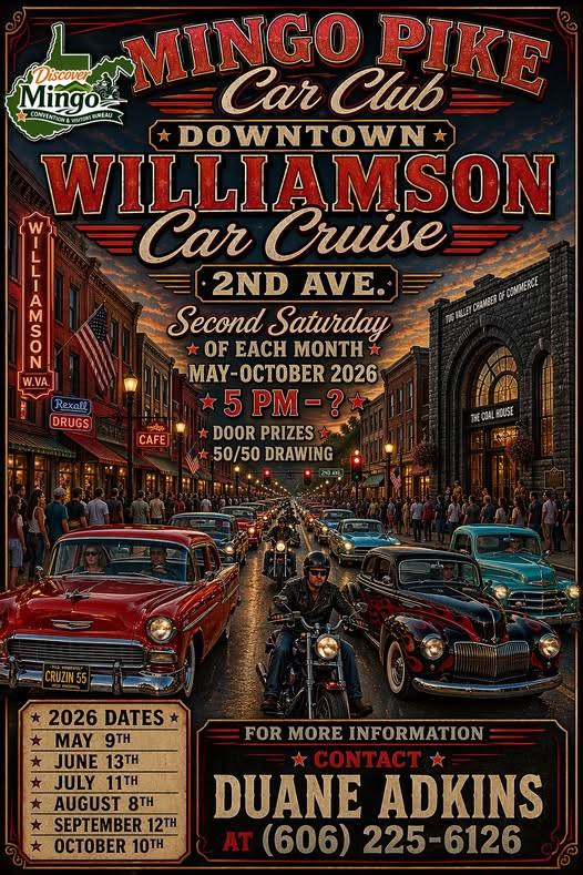 Flyer for Mingo Pike Car Club Downtown Williamson Car Cruise