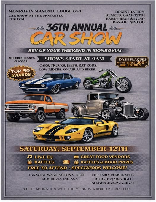 Flyer for Monrovia Masonic Lodge 654 Car Show At The Monrovia Festival 36th Annual Car Show