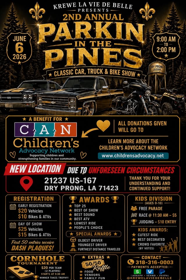 Flyer for Parkin In the Pines 2nd Annual Classic Cars, Trucks, Bikes & ATVs Car Show (moved to Now Church )