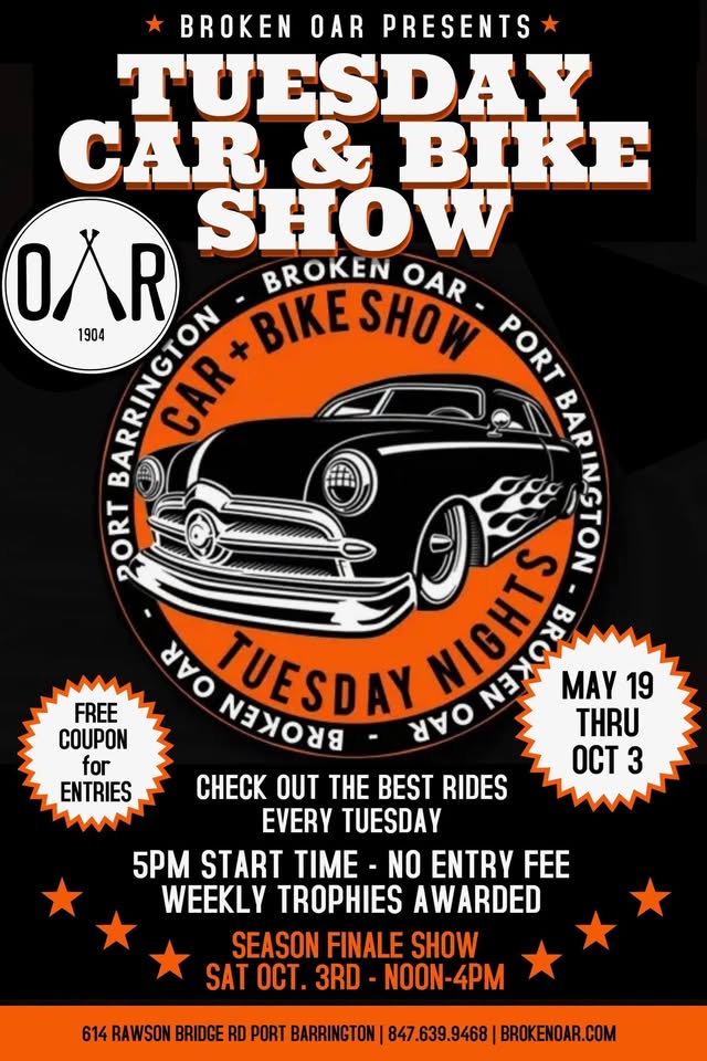 Promotional image for TUESDAY CAR & BIKE SHOW @ THE BROKEN OAR!