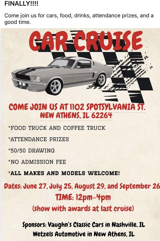 Flyer for Vaughn’s Classic Cars & Wetzels Automotive New Athens Car Cruise
