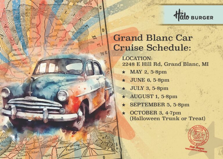 Flyer for Halo Burger Grand Blanc Car Cruise Schedule