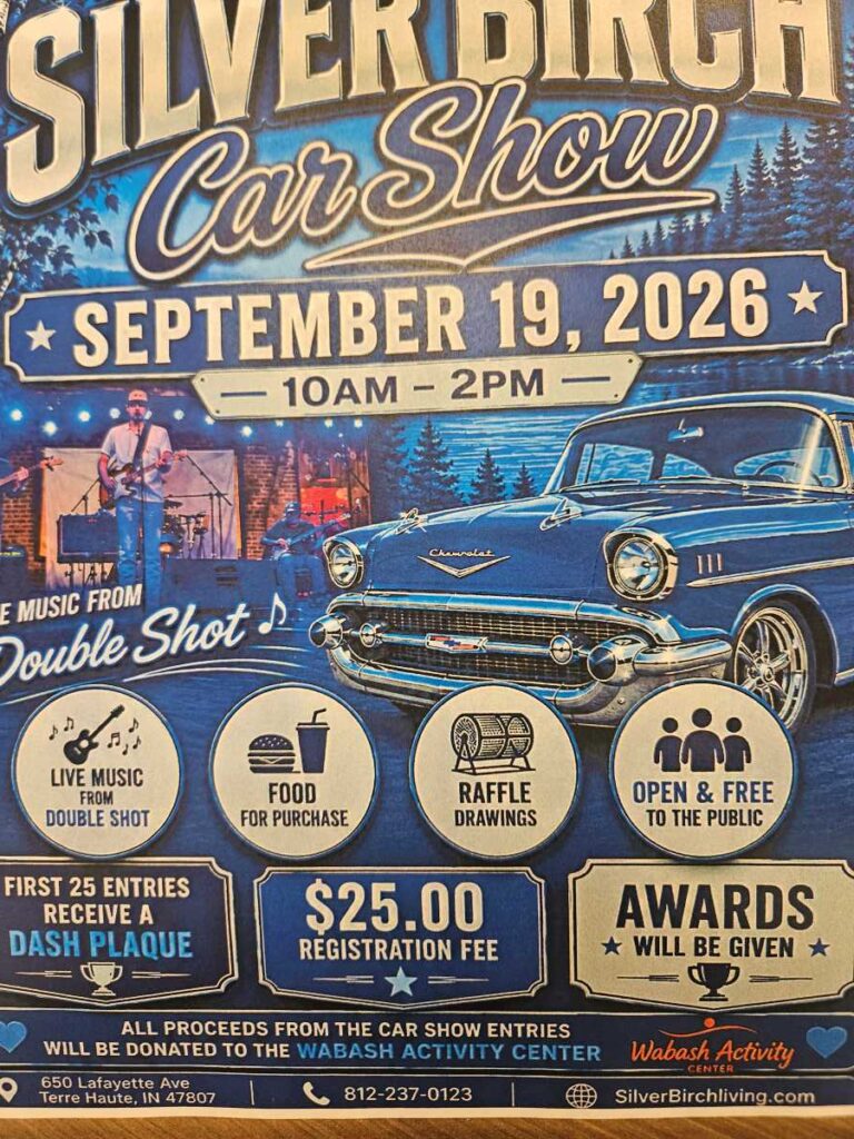 Flyer for Silver Birch of Terre Haute Car Show to Benefit Wabash Activity Center