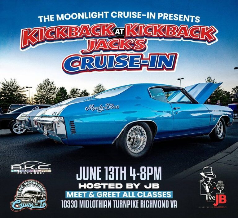 Flyer for The Moonlight Cruise-In Presents Kickback at Kickback Jack’s Cruise-In