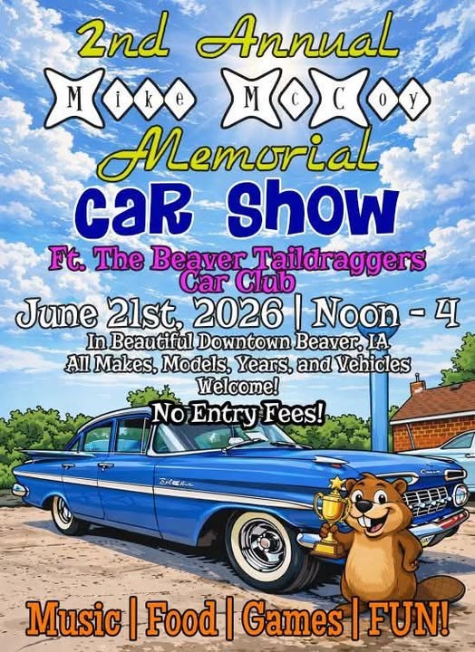Flyer for 2nd Annual Mike Mccoy Memorial Car Show Ft. the Beaver Taildraggers Car Club