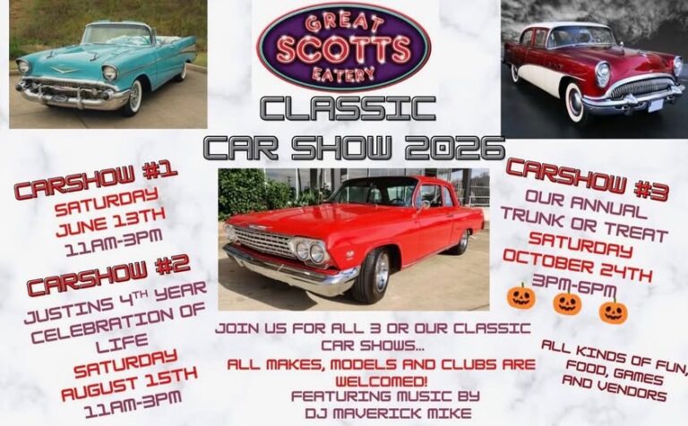 Flyer for Great Scotts Eatery Classic Car Show 2026