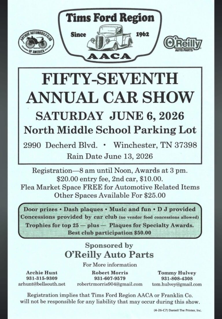 Flyer for Tims Ford Region Aaca Fifty-Seventh Annual Car Show