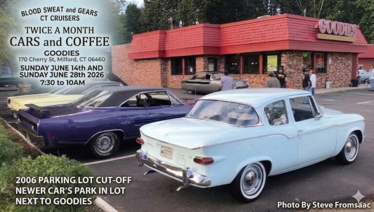 Flyer for Blood Sweat and Gears CT Cruisers Twice a Month Cars and Coffee Goodies