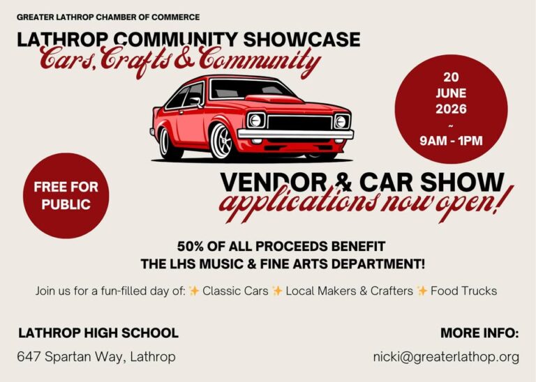 Flyer for Greater Lathrop Chamber of Commerce Lathrop Community Showcase – Cars, Crafts & Community