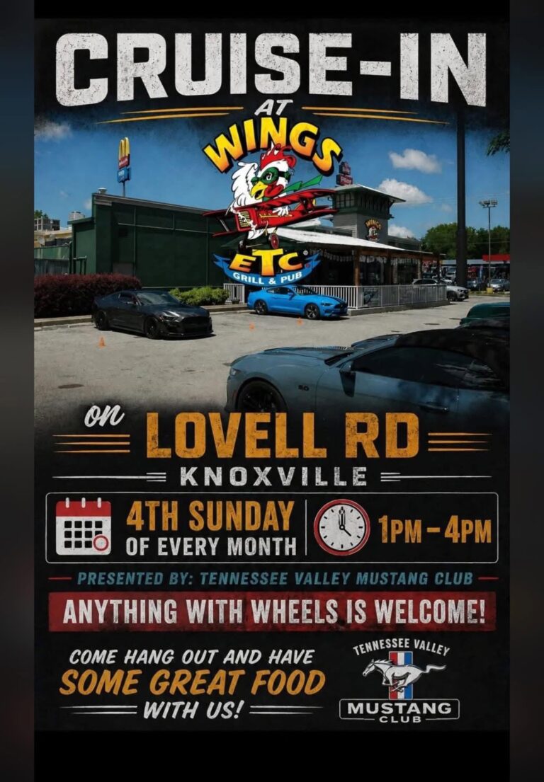 Flyer for Tennessee Valley Mustang Club Cruise-In at Wings Etc